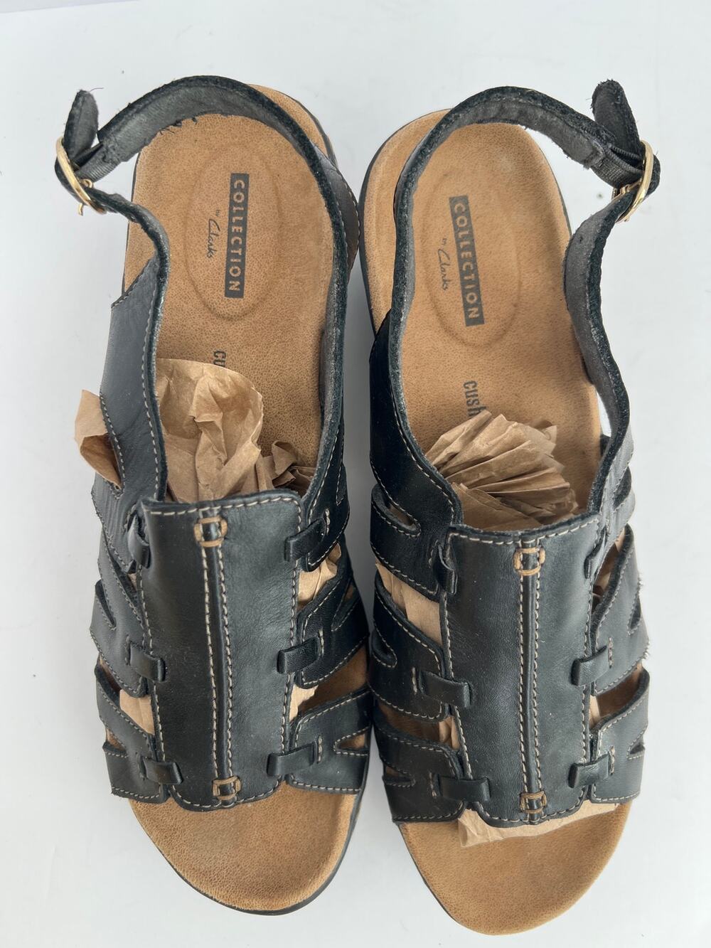 Clarks Collection Lexi Marigold Black Leather Strappy Wedge Sandals Women's 10M